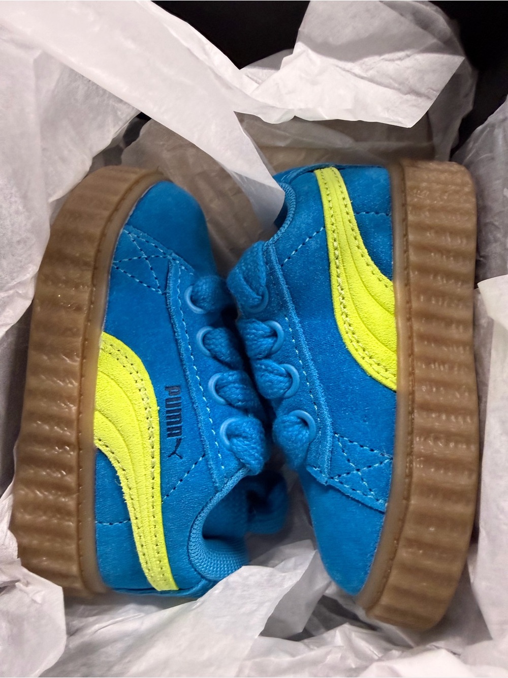 Puma Kids Blue Suede Sneakers with Yellow Accent and Gum Platform Sole